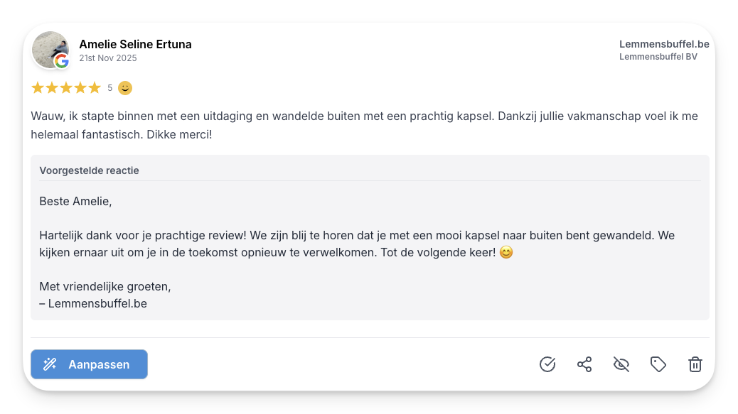 5-sterren Google review over kapperservaring, met daaropvolgende dankbericht van lemmensbuffel.be aan klant Amelie.