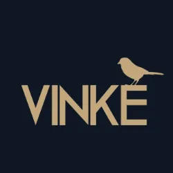Logo met het woord 'VINKE' en een gestileerde vogel op een donkerblauwe achtergrond.