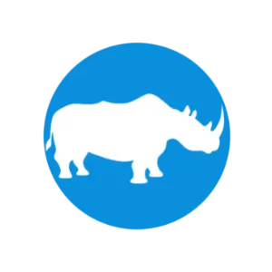 Wit silhouet van een neushoorn op een blauwe cirkelachtergrond