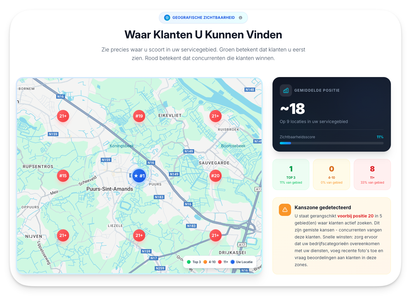Kaart van Puurs-Sint-Amands met zichtbaarheidsscores voor klantenlokatie en concurrenten in verschillende zones.